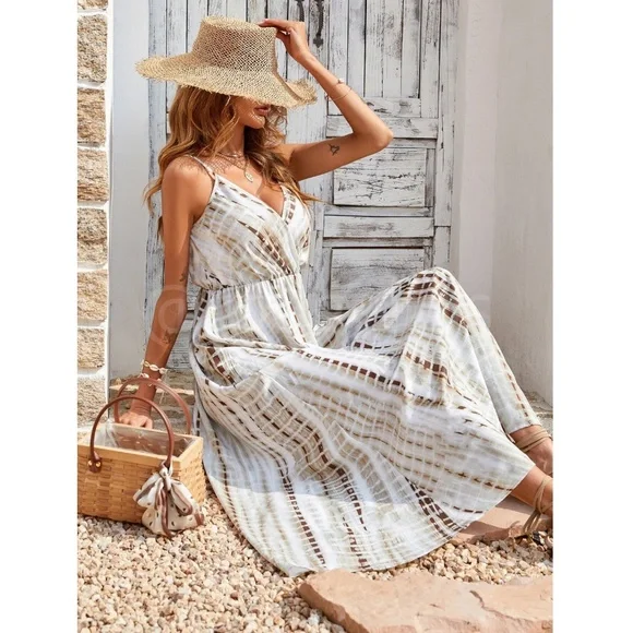 Tie Dye White Beige Tan V-Neck Cami Dress Maxi Flared Long Surplice Overlapping - Picture 8 of 10